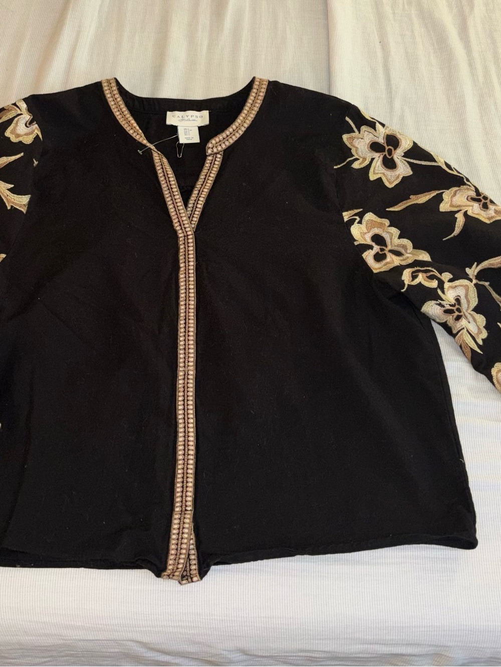 Calypso Black Floral-Embroidered Cotton Flax Blouse